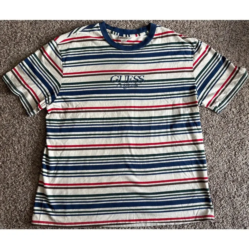Guess Striped T-Shirt Large L Vintage Style Multi-Color Knit Retro Crew Neck Top - Picture 2 of 6